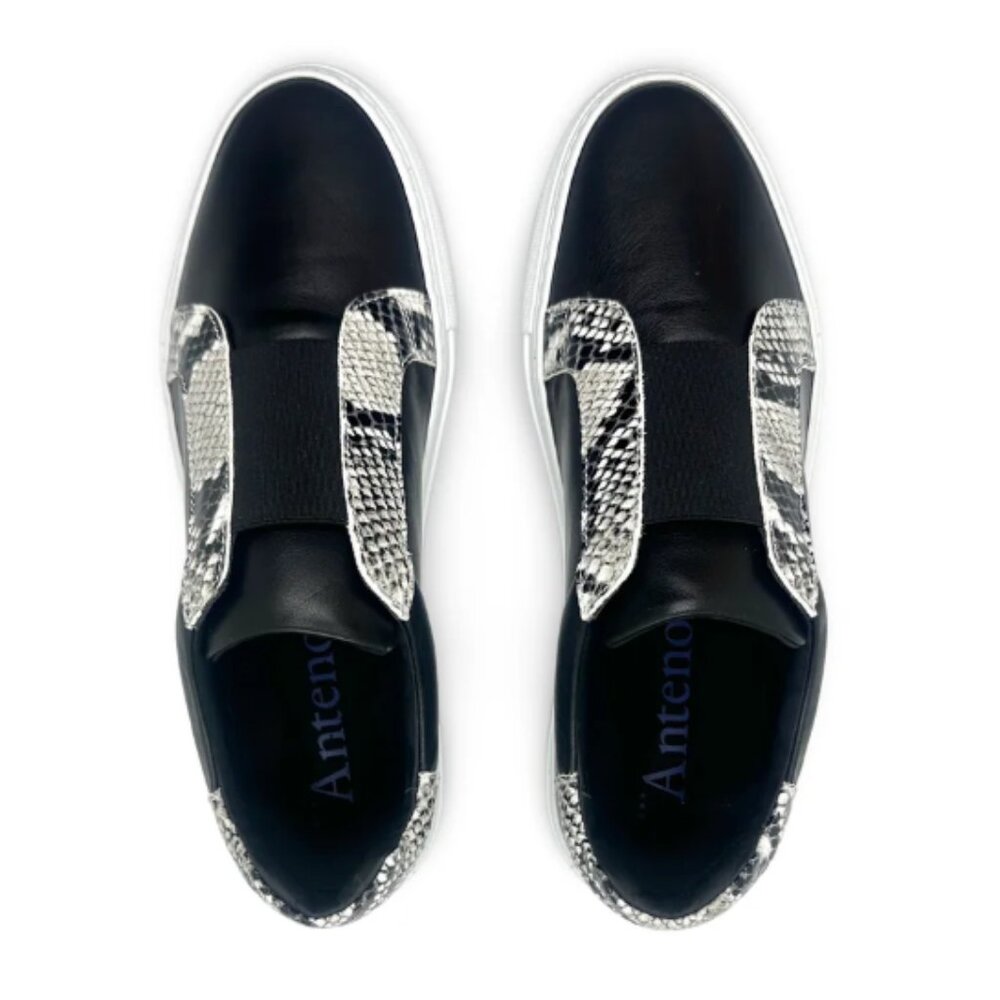 Designer Italian luxury sneaks with snake print trim, Handmade NWT SS2025